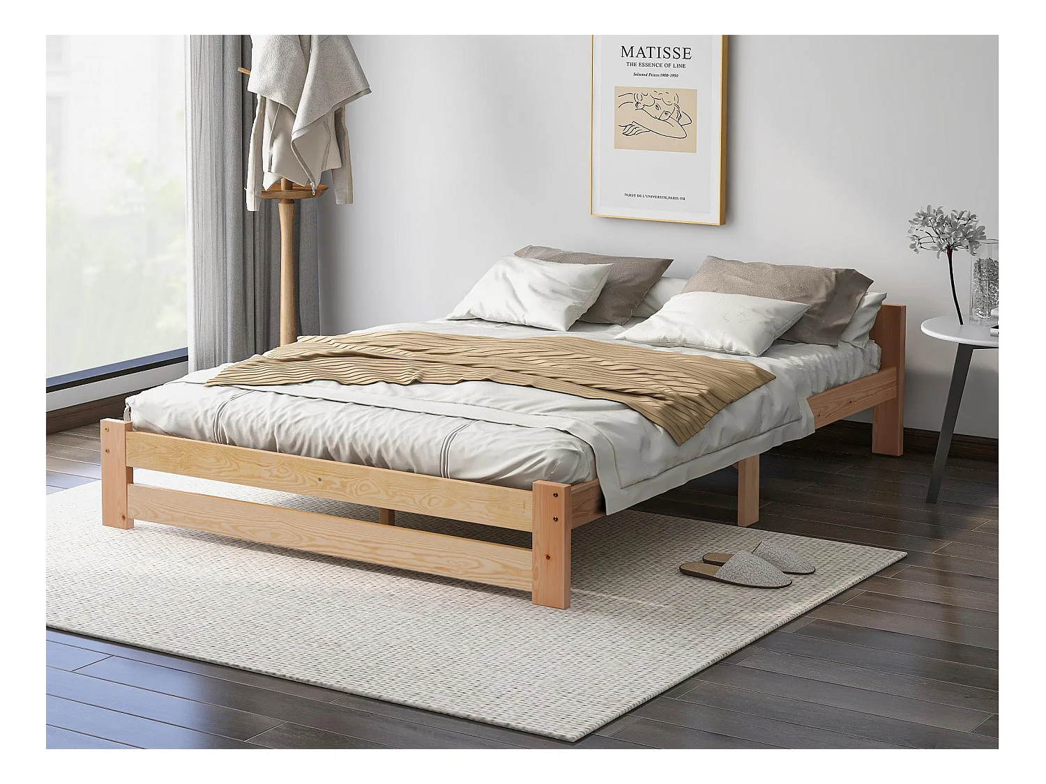 Lit simple en bois massif 140x200cm avec tête de lit et sommier à lattes - Naturel