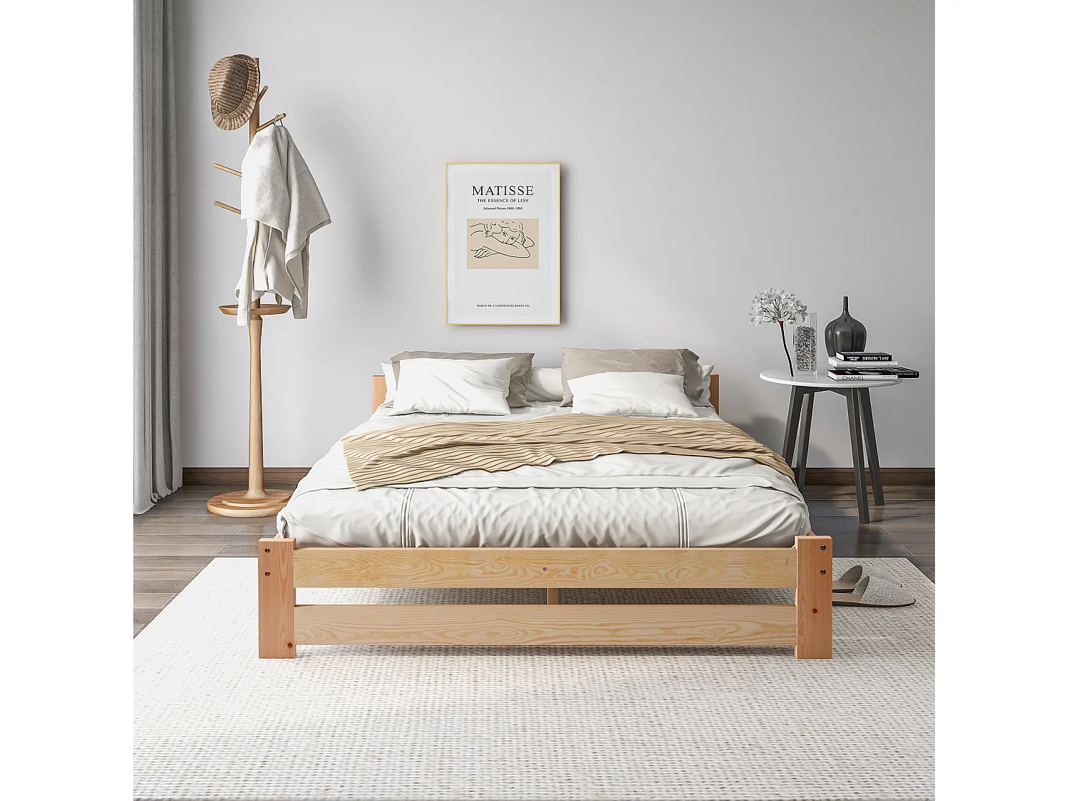 Eenpersoonsbed in massief hout 140x200cm met hoofdeinde en lattenbodem - Naturel