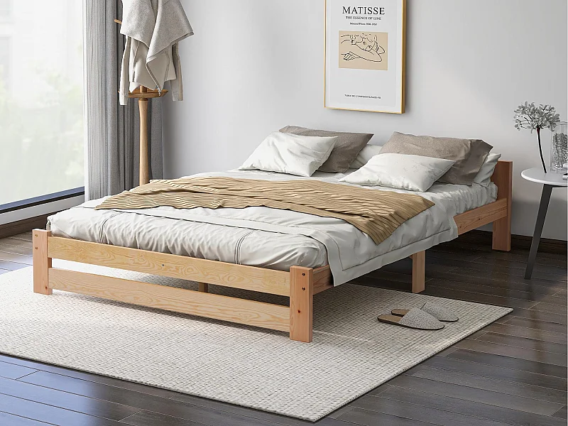 Lit simple en bois massif 140x200cm avec tête de lit et sommier à lattes - Naturel