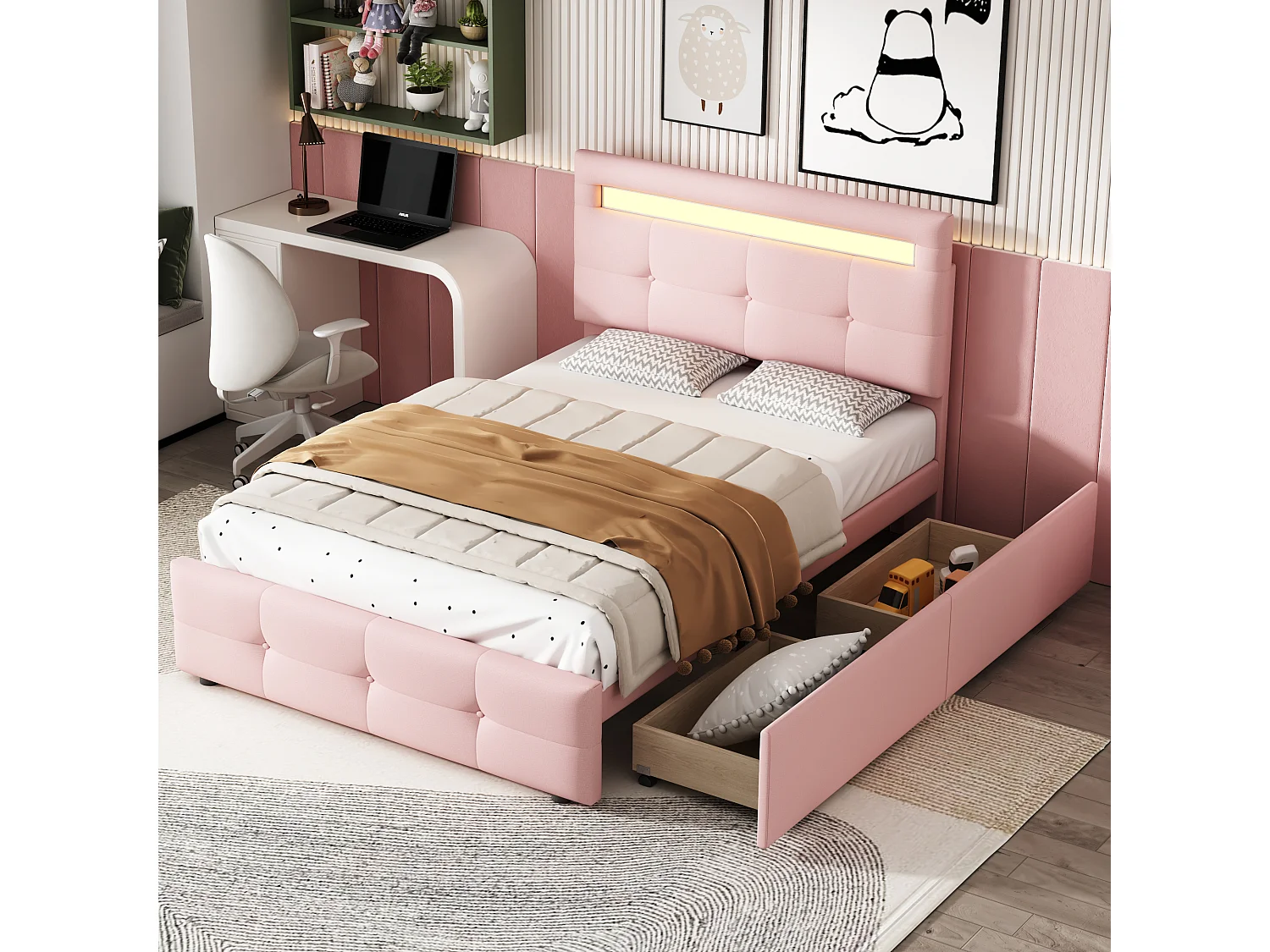 Lit simple 90x200cm en tissu de lin avec LED et 2 tiroirs - Rose