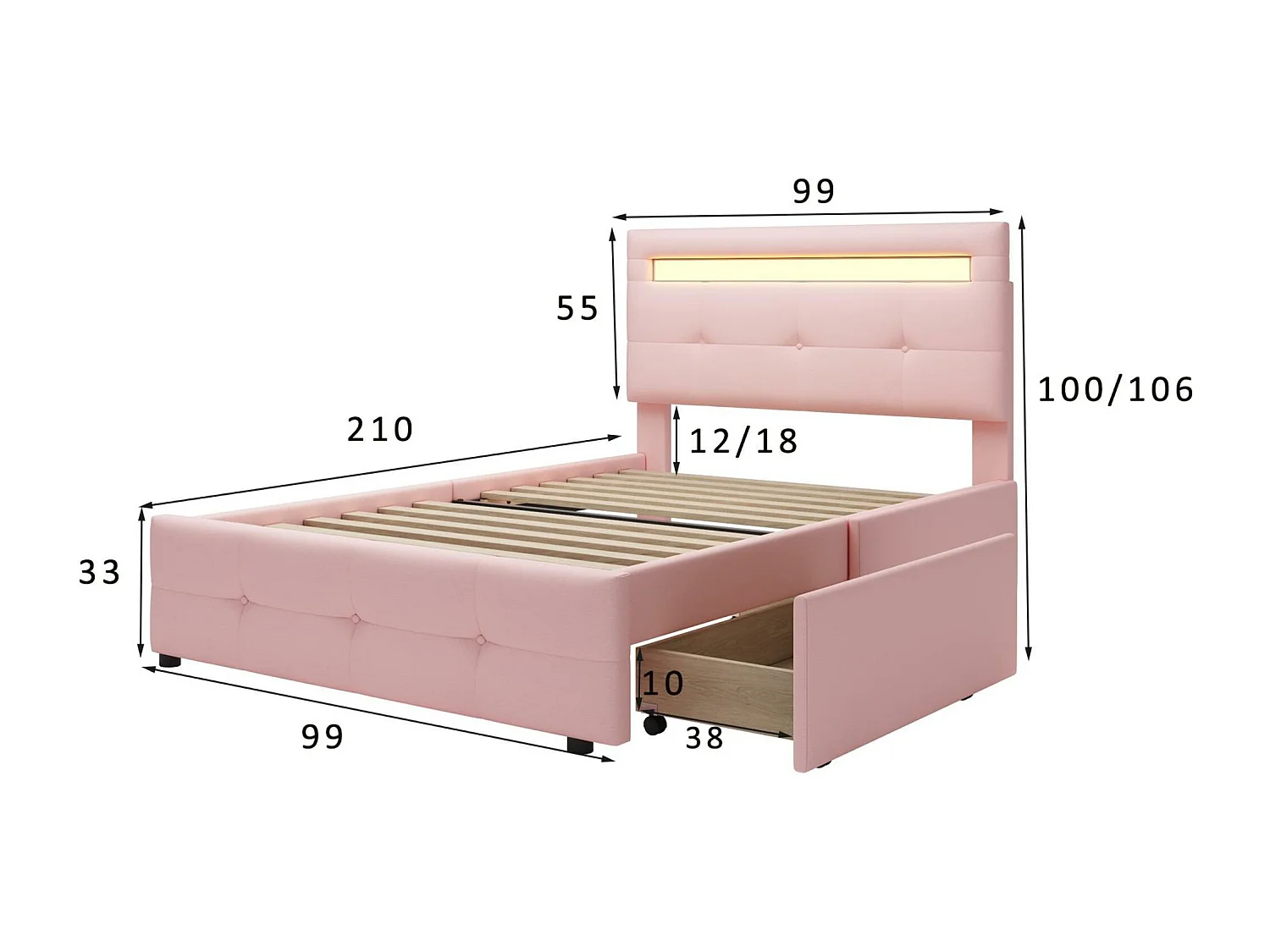 Lit simple 90x200cm en tissu de lin avec LED et 2 tiroirs - Rose