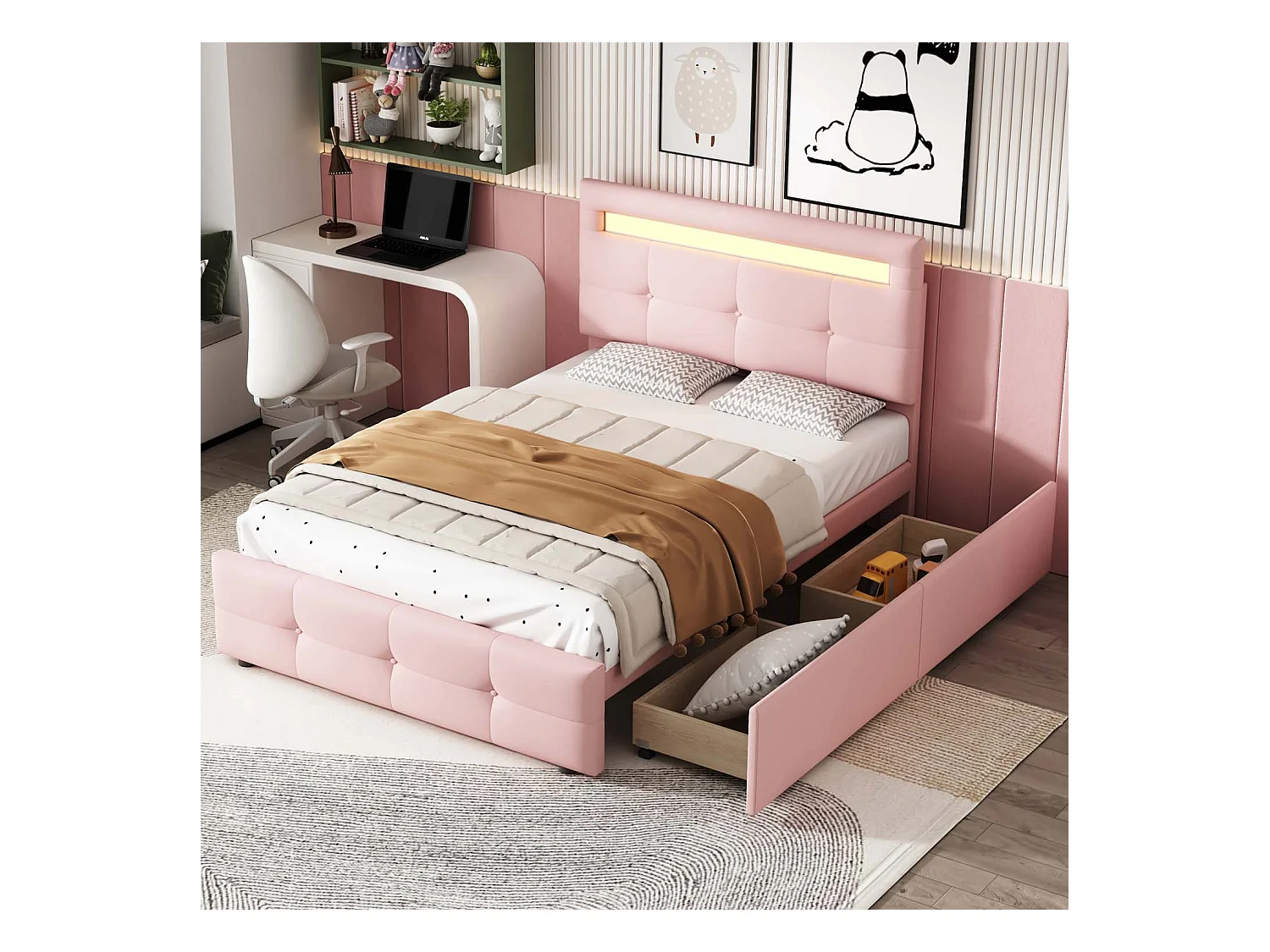 Eenpersoonsbed 90x200cm in linnenstof met LED en 2 laden - Roze