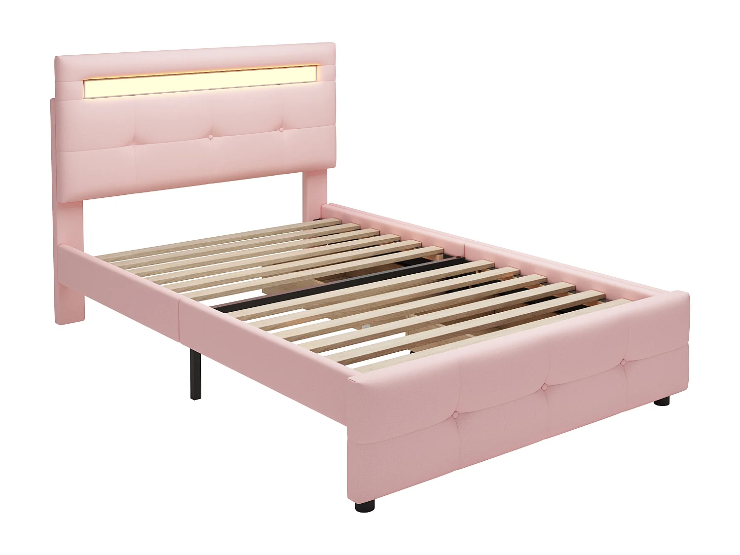 Eenpersoonsbed 90x200cm in linnenstof met LED en 2 laden - Roze