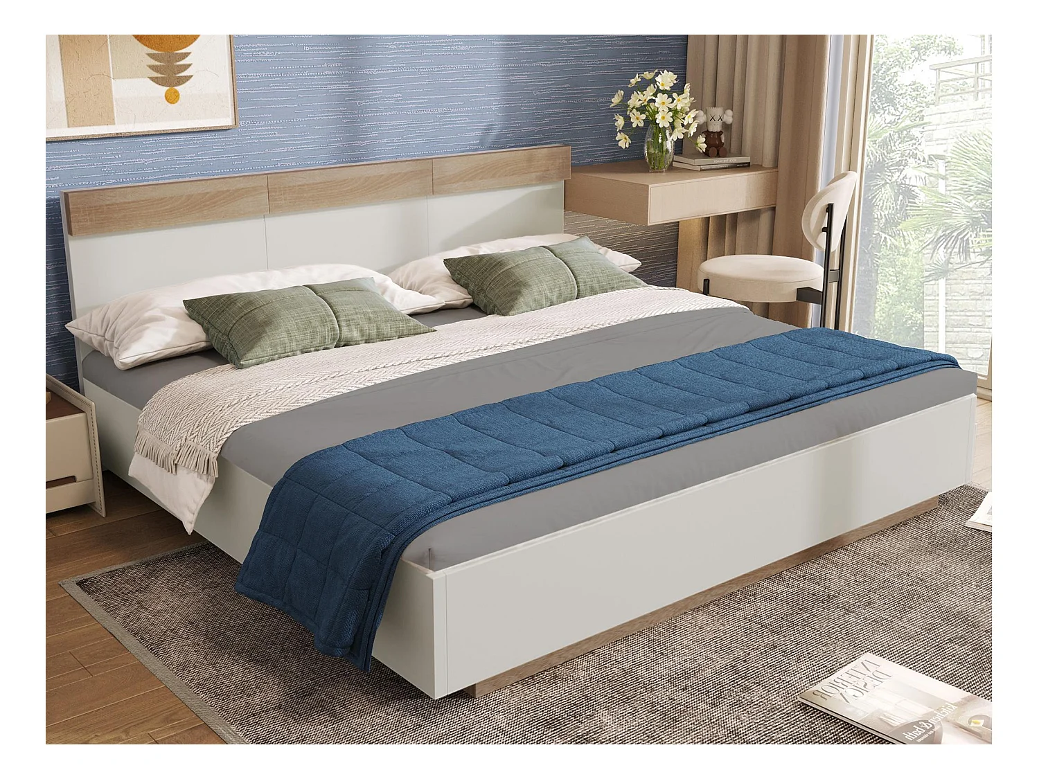 Lit adulte 140x200cm - lit flottant avec sommier à lattes - cadre en bois - blanc