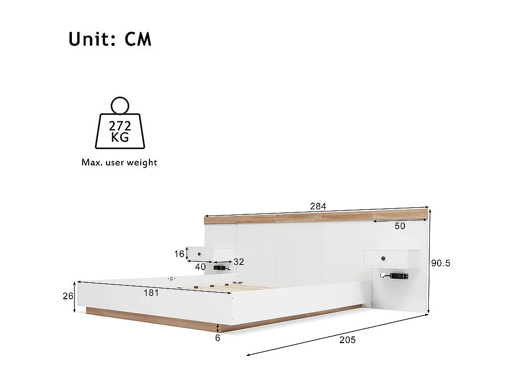 Bett für Erwachsene 180x200cm mit hängenden Nachttischen + LED- und USB-Anschlüssen + Lattenrost – Holz – Weiß