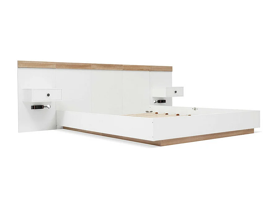 Lit adulte 180x200cm avec chevets suspendus + LED et ports USB + sommier à lattes - bois - blanc