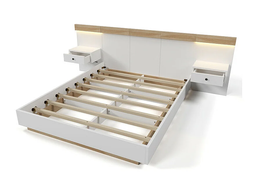 Lit adulte 180x200cm avec chevets suspendus + LED et ports USB + sommier à lattes - bois - blanc