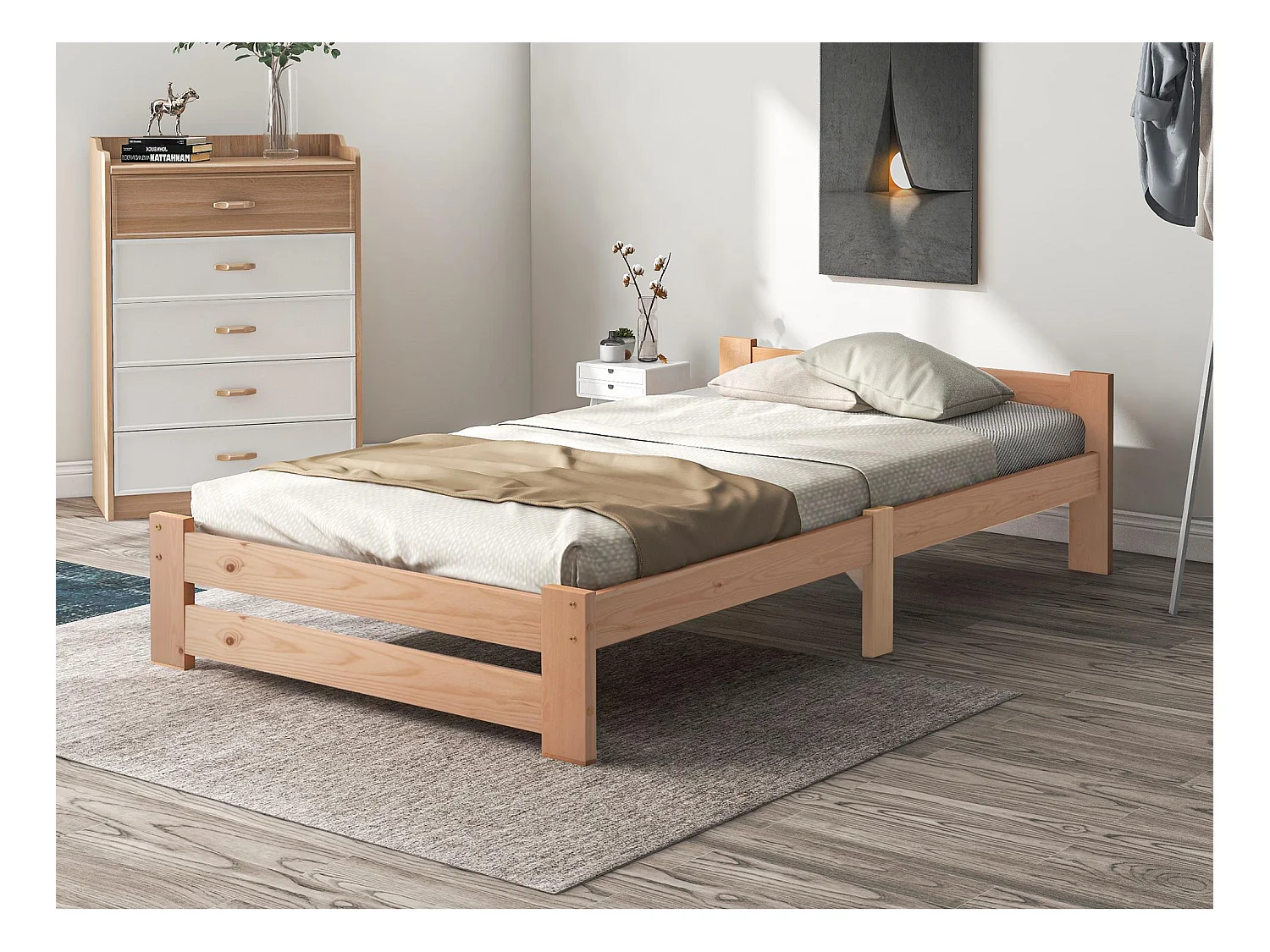 Lit simple en bois massif 90x200cm avec tête de lit et sommier à lattes - Naturel