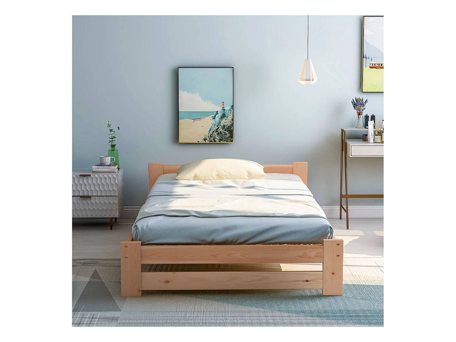 Einzelbett aus Massivholz 90x200cm mit Kopfteil und Lattenrost – Natur