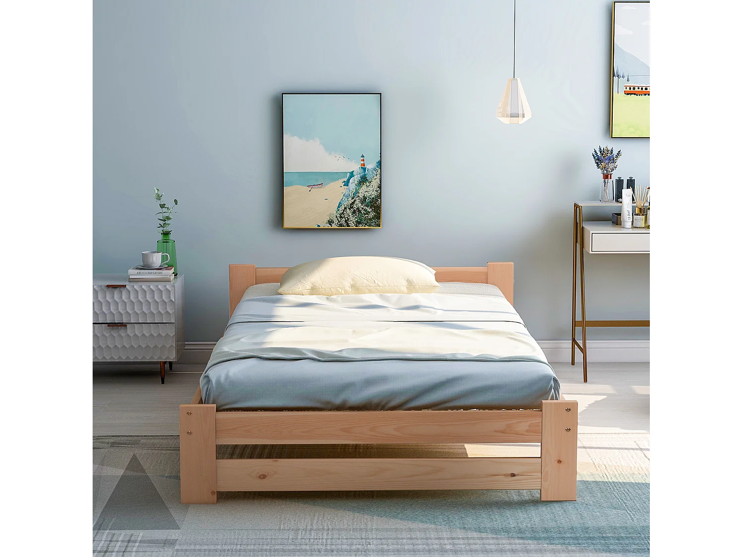 Eenpersoonsbed in massief hout 90x200cm met hoofdeinde en lattenbodem - Naturel