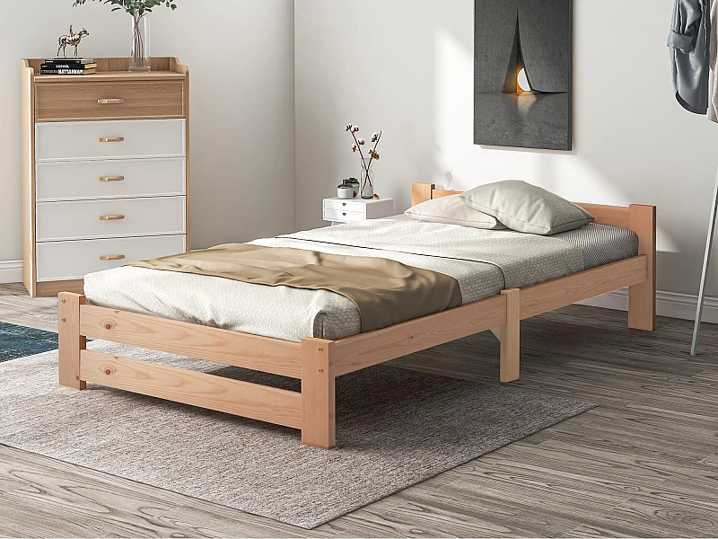 Lit simple en bois massif 90x200cm avec tête de lit et sommier à lattes - Naturel