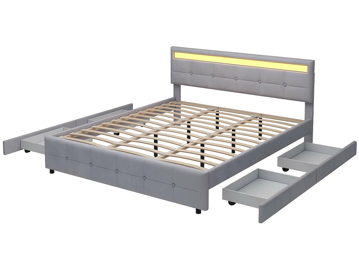 Cama tapizada 180x200cm en terciopelo - con LED y 4 cajones + somier - Gris