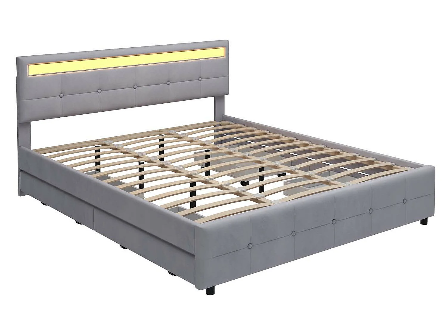 Cama tapizada 180x200cm en terciopelo - con LED y 4 cajones + somier - Gris
