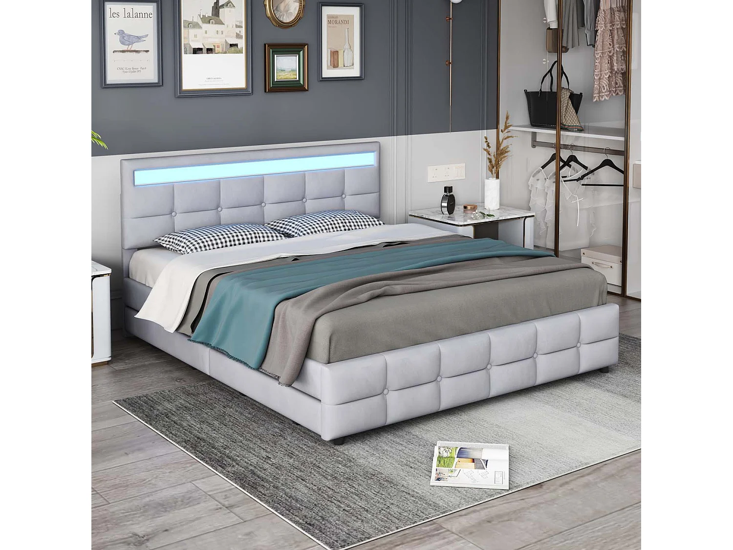 Polsterbett 180x200cm in Samt – mit LED und 4 Schubladen + Lattenrost – Grau