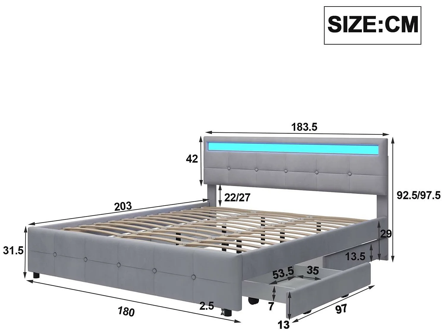 Polsterbett 180x200cm in Samt – mit LED und 4 Schubladen + Lattenrost – Grau