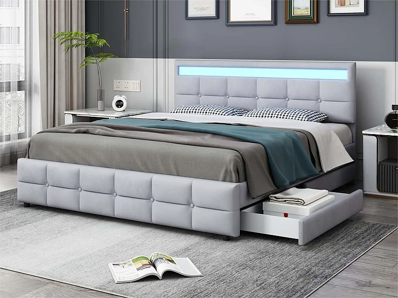 Gestoffeerd bed 180x200cm in fluweel - met LED en 4 lades + lattenbodem - Grijs