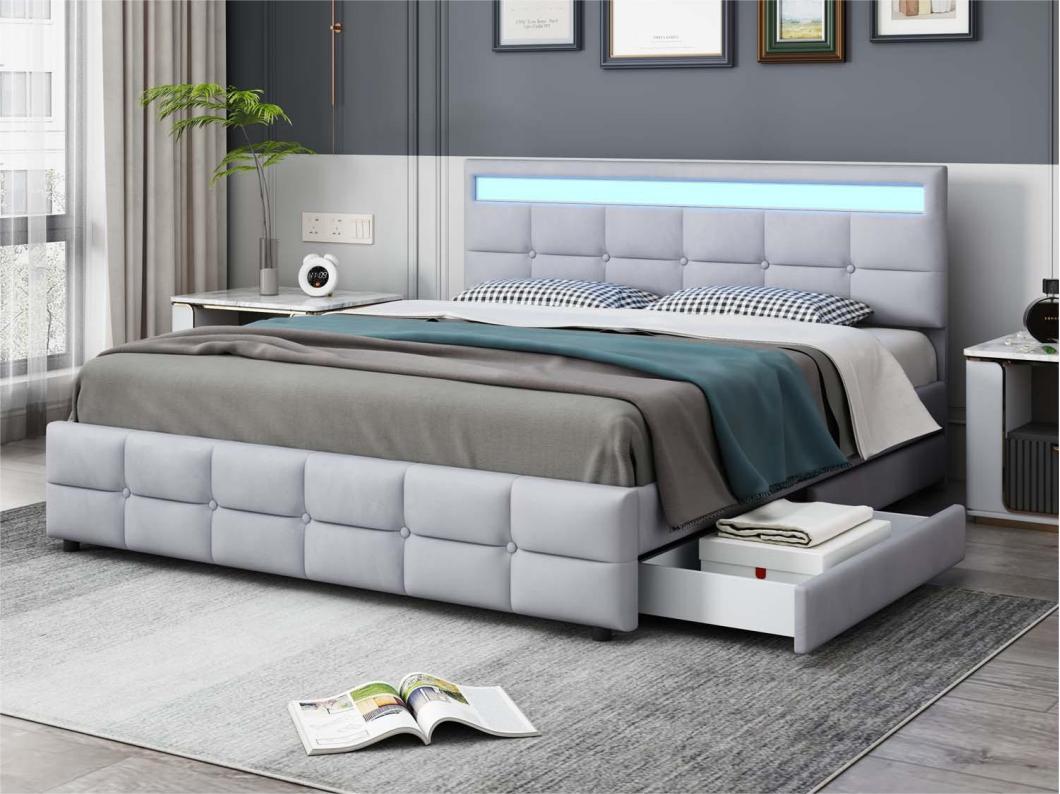 Letto imbottito 180x200 cm in velluto - con LED e 4 cassetti + rete a doghe - Grigio