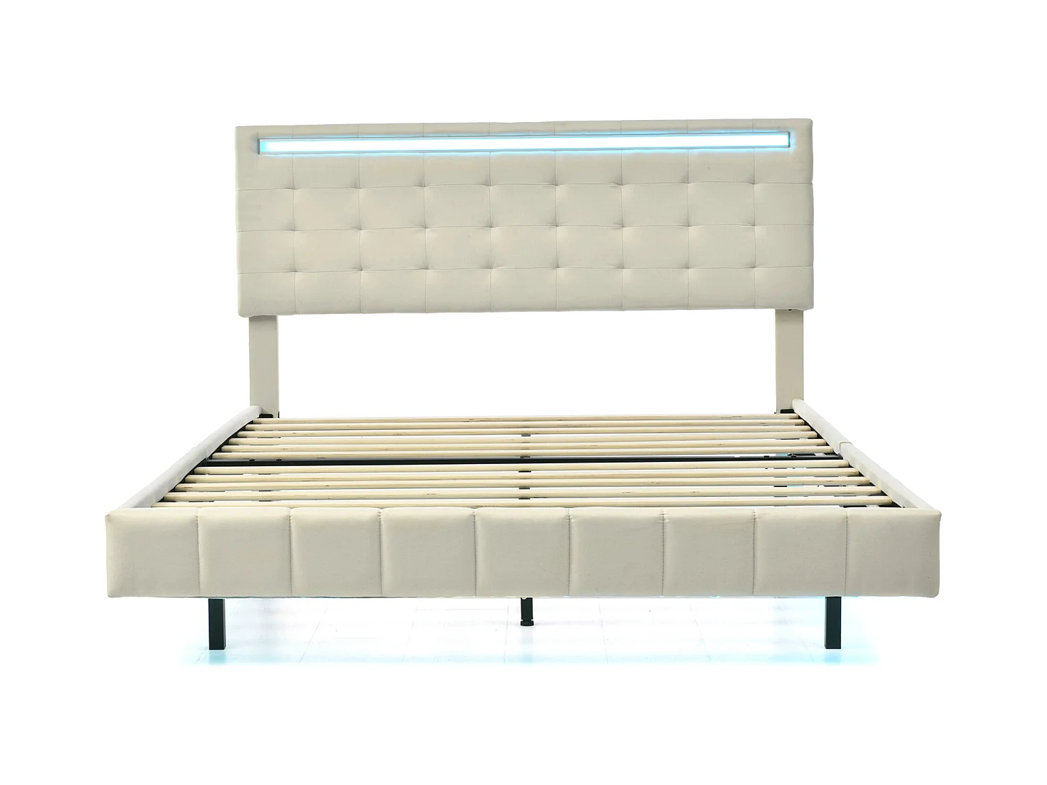 Volwassen bed 140x200cm - zwevend bed met LED en 2 USB-poorten + lattenbodem - linnen stof - Beige