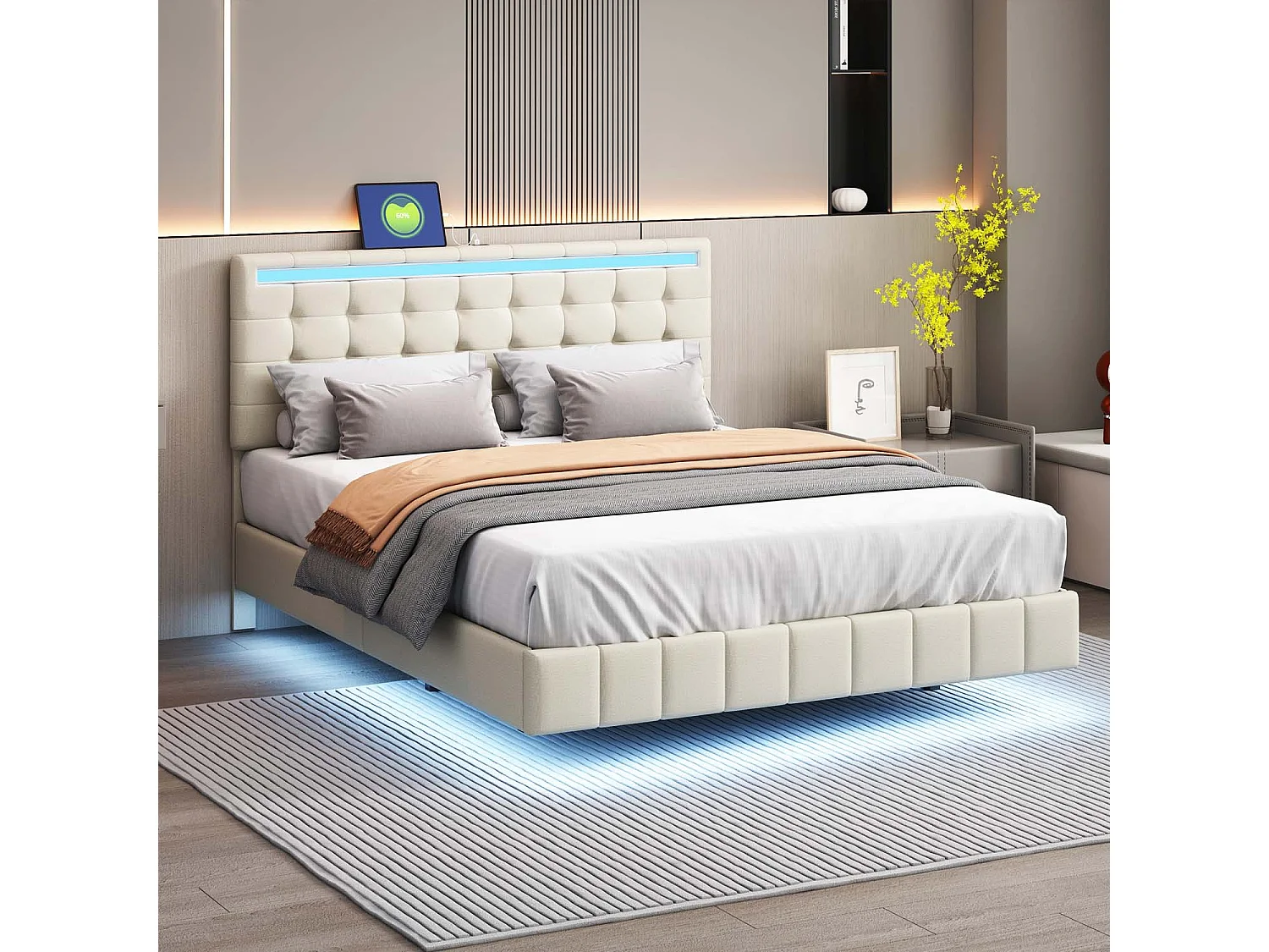 Lit adulte 140x200cm - lit flottant avec LED et 2 ports USB + sommier à lattes - tissu en lin - Beige