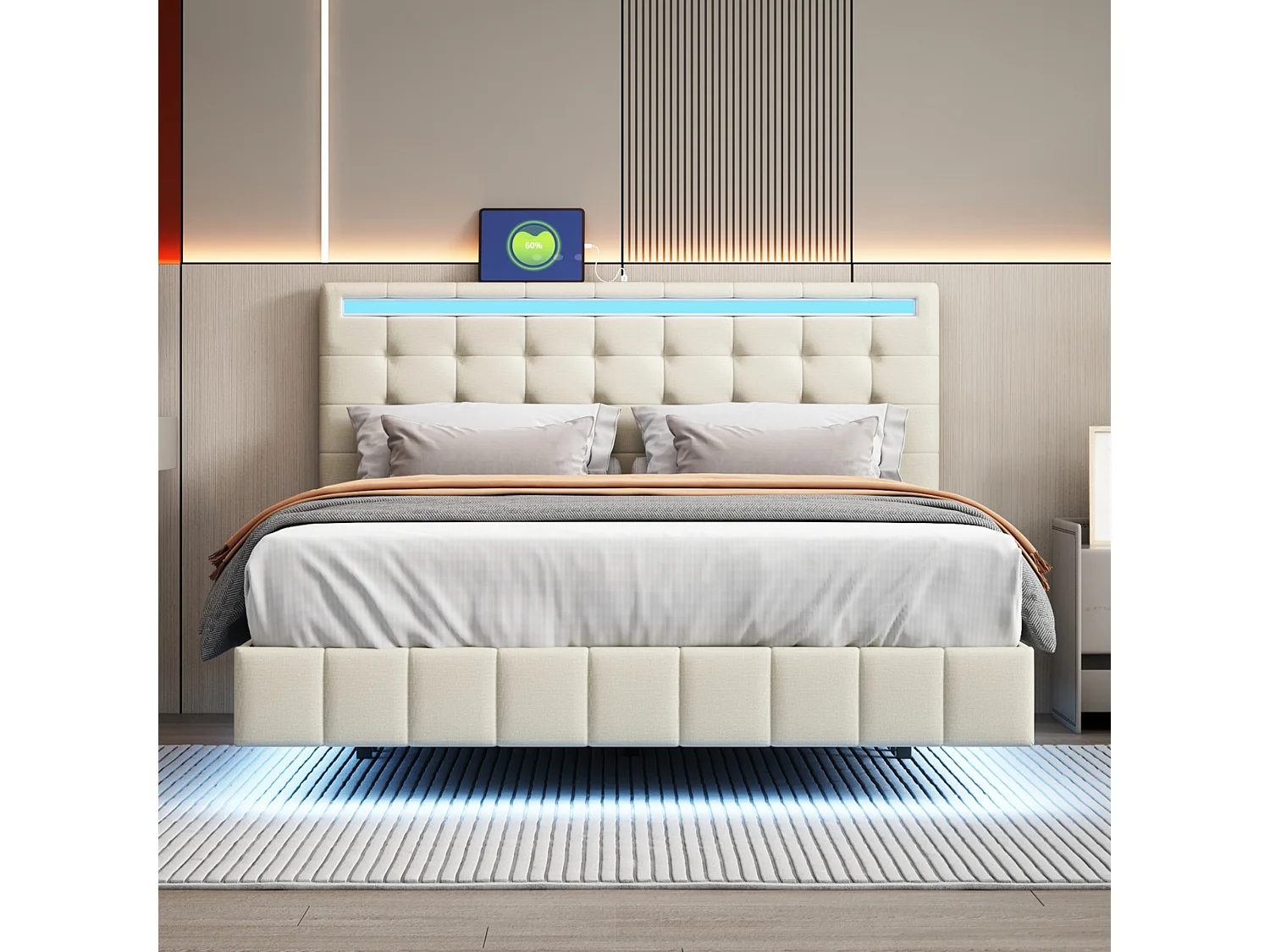 Lit adulte 140x200cm - lit flottant avec LED et 2 ports USB + sommier à lattes - tissu en lin - Beige