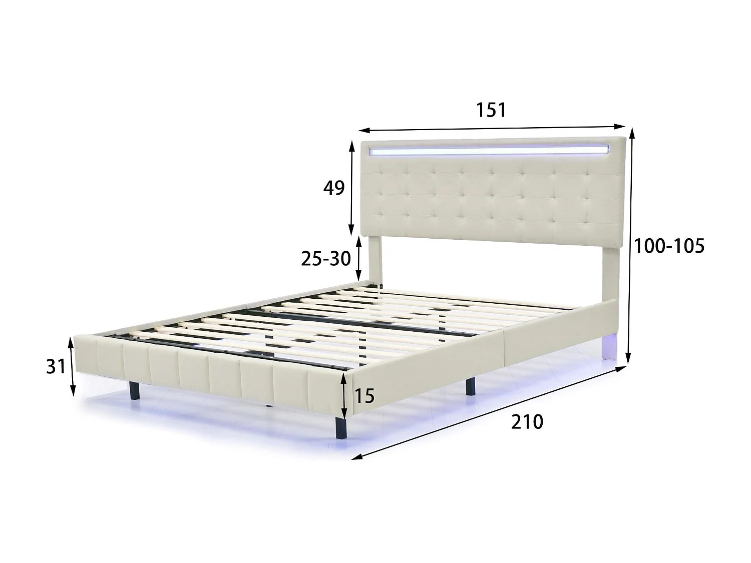 Lit adulte 140x200cm - lit flottant avec LED et 2 ports USB + sommier à lattes - tissu en lin - Beige