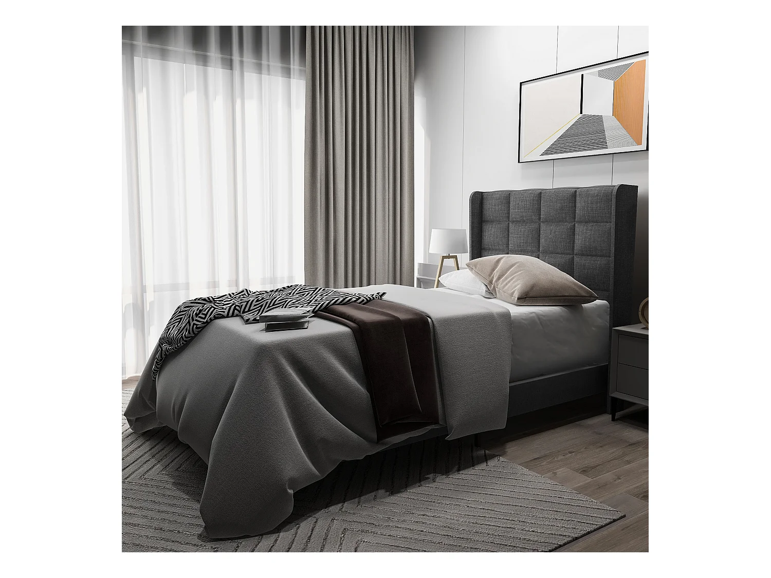 Lit rembourré en tissu de lin - 90x200cm - avec tête de lit et sommier à lattes - Gris