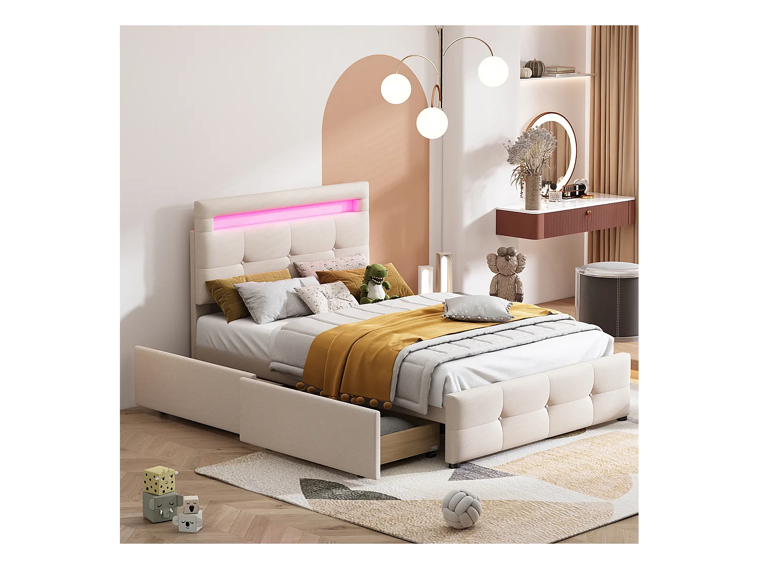 Letto singolo 90x200cm in tessuto di lino con LED e 2 cassetti - Beige