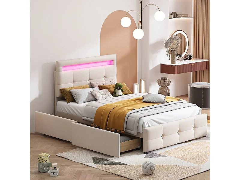 Eenpersoonsbed 90x200cm in linnenstof met LED en 2 laden - Beige