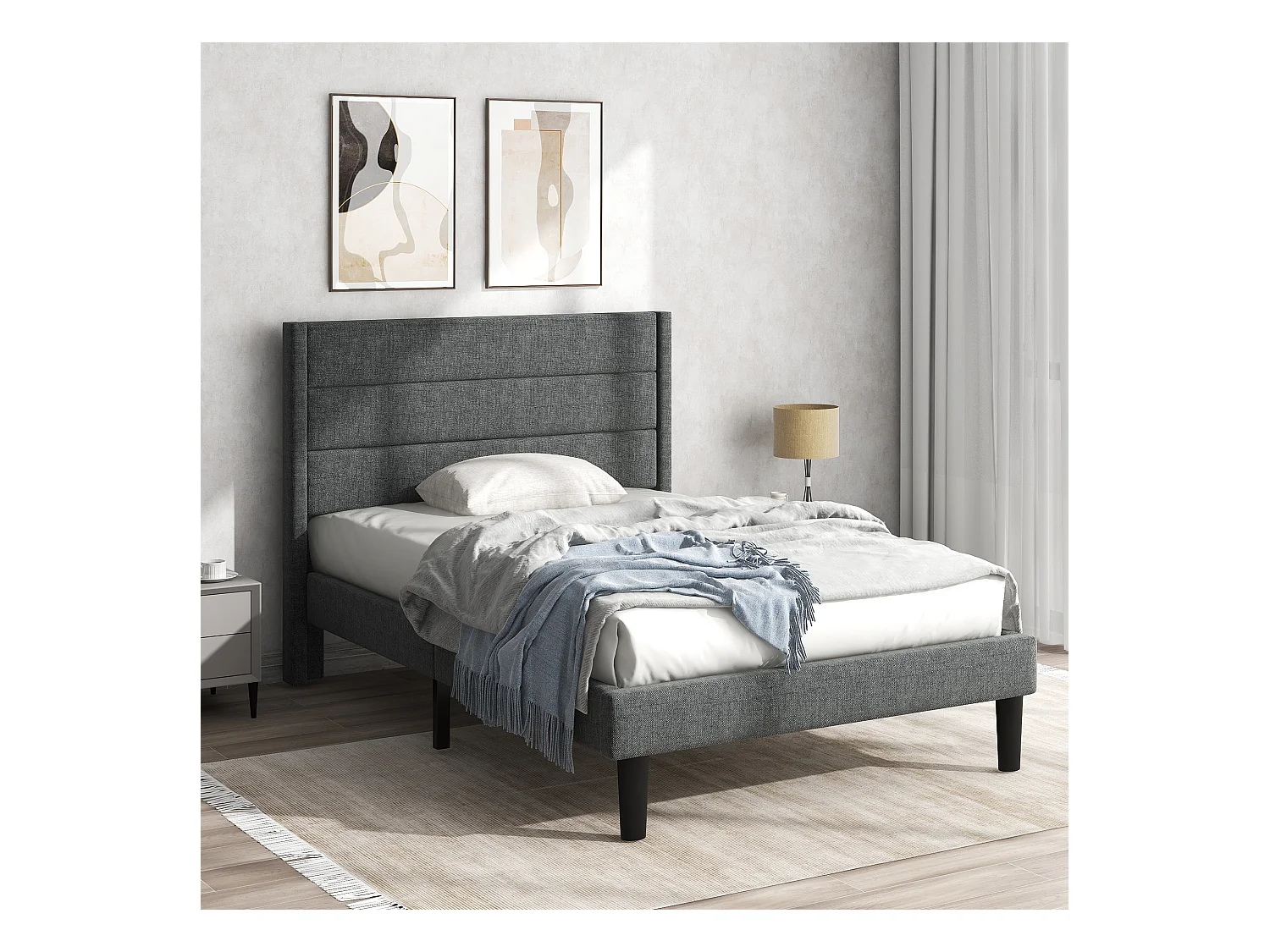 Lit rembourré en lin - 90x200cm - style contemporain - Gris
