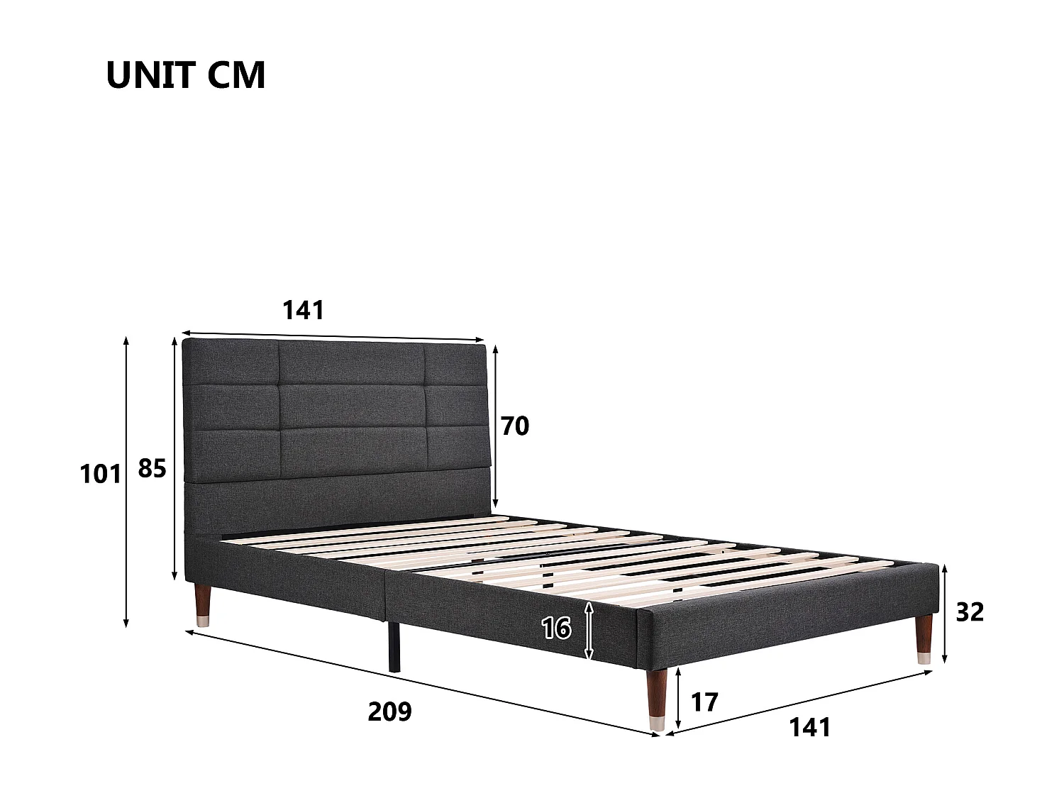 Doppelbett 140 x 200 cm – gepolstertes Leinenbett mit Lattenrost und Kopfteil – Grau