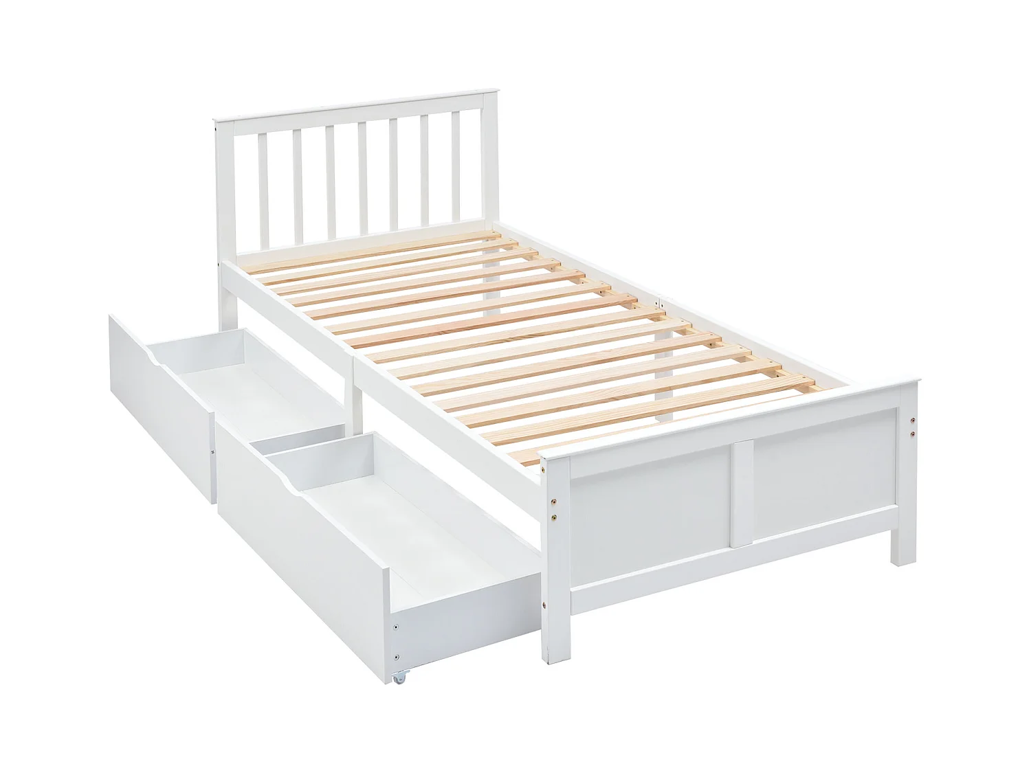 Letto singolo 90x200cm in legno massello con 2 cassetti - Bianco