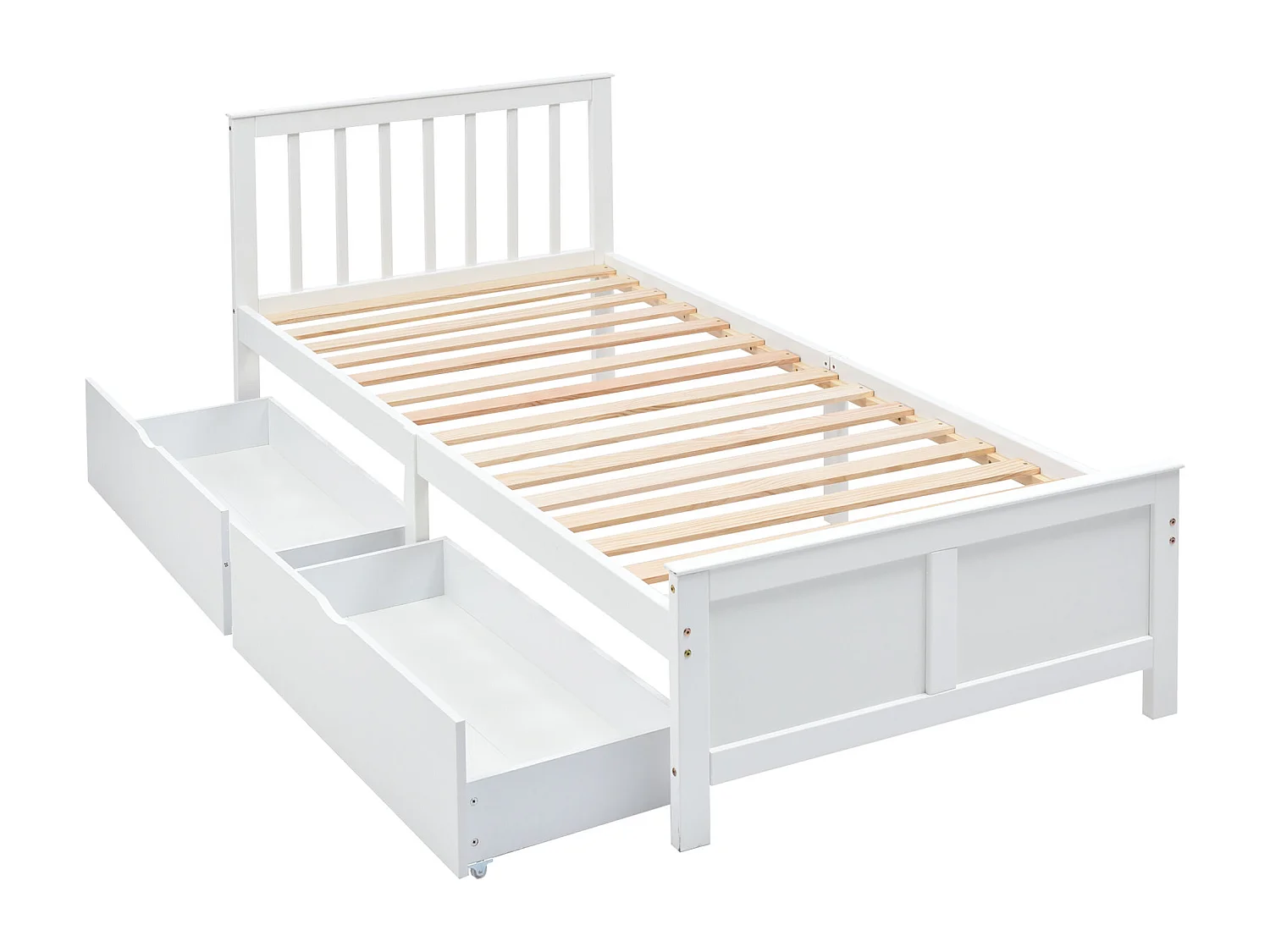 Einzelbett 90x200cm aus Massivholz mit 2 Schubladen – Weiß