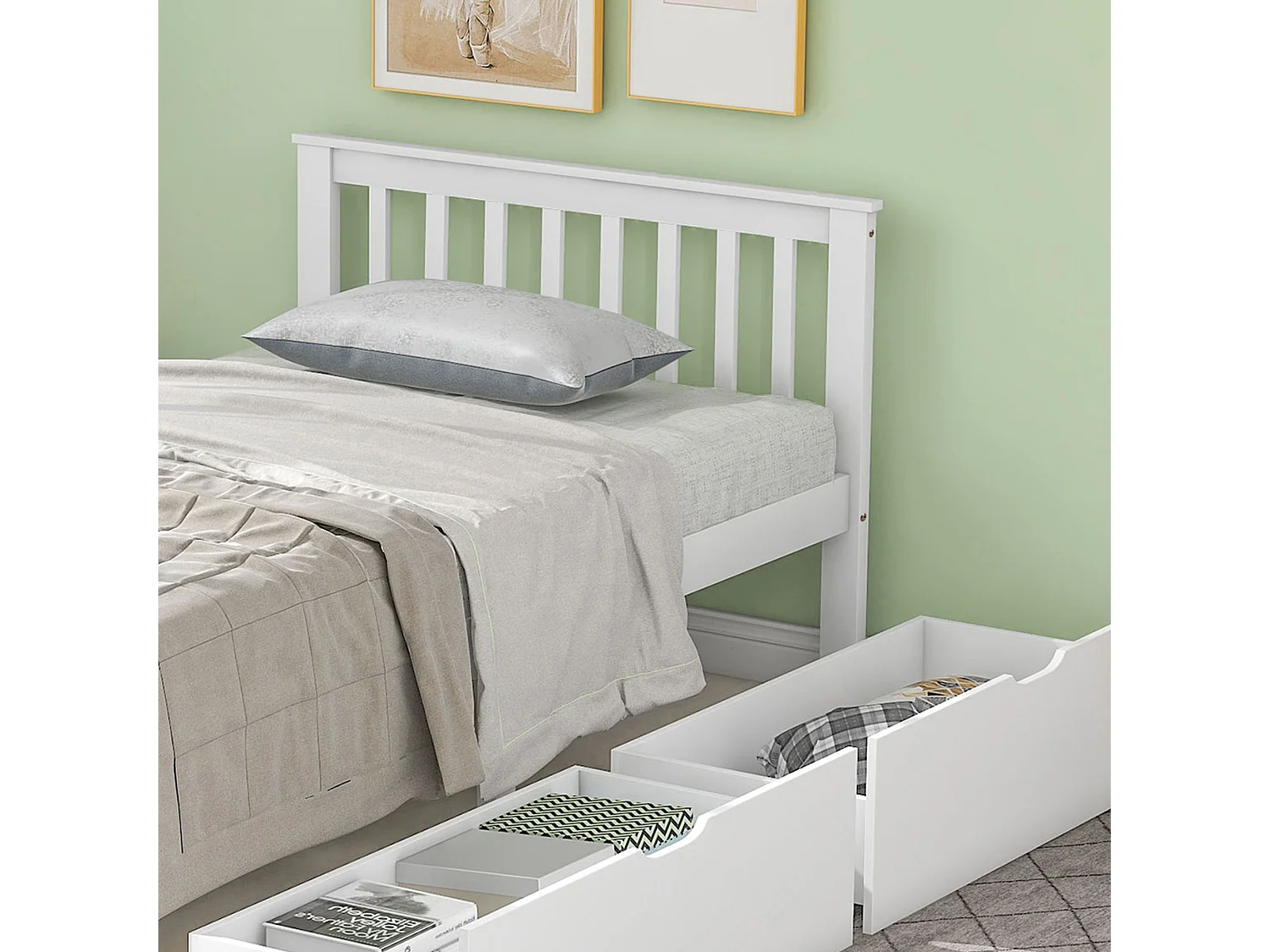 Lit simple 90x200cm en bois massif avec 2 tiroirs - Blanc