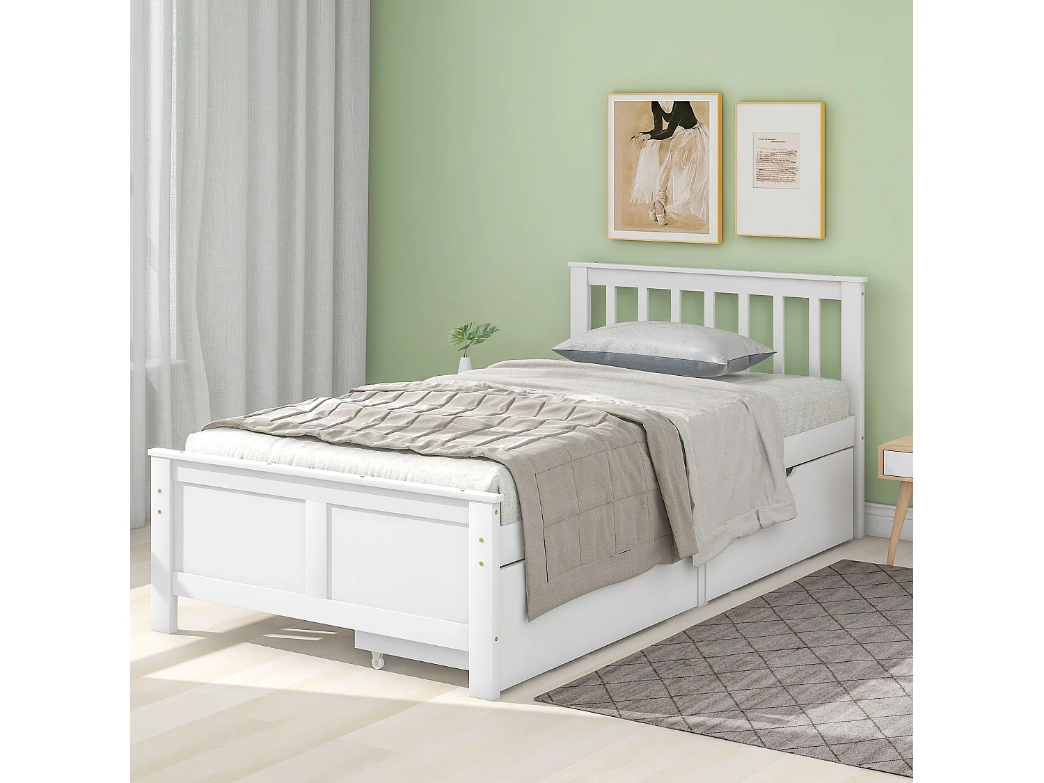 Cama individual 90x200cm de madera maciza con 2 cajones - Blanco