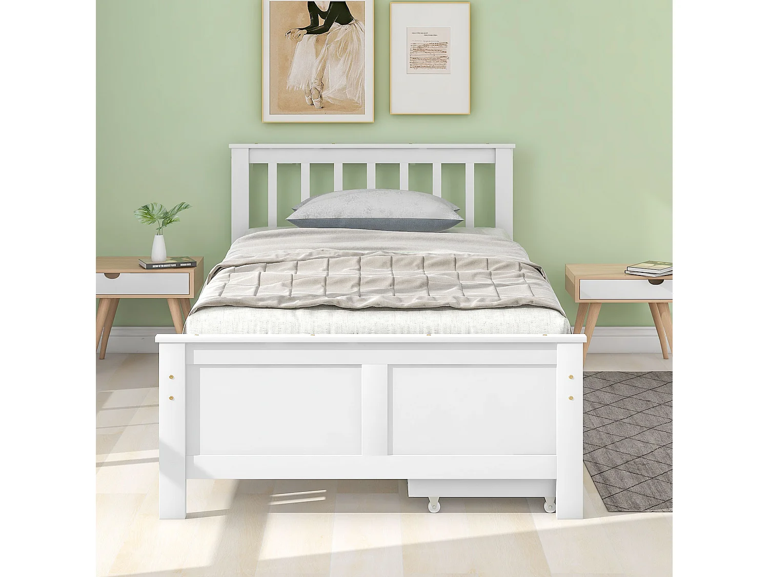 Cama individual 90x200cm de madera maciza con 2 cajones - Blanco