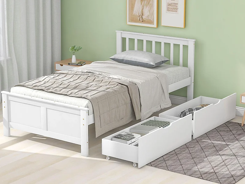 Lit simple 90x200cm en bois massif avec 2 tiroirs - Blanc