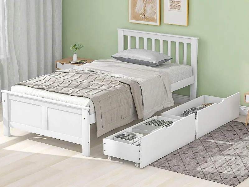 Cama individual 90x200cm de madera maciza con 2 cajones - Blanco