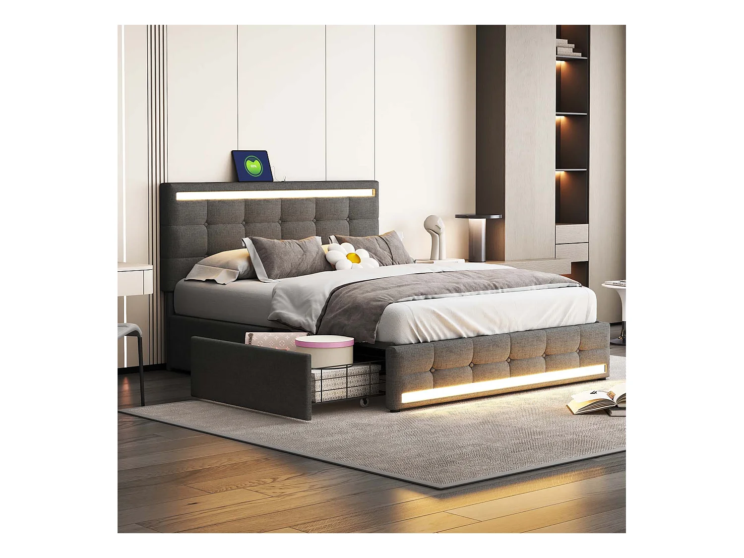 Lit capitonné en lin avec 4 tiroirs + LED et 2 ports USB + sommier à lattes - 140x200cm - lin - gris