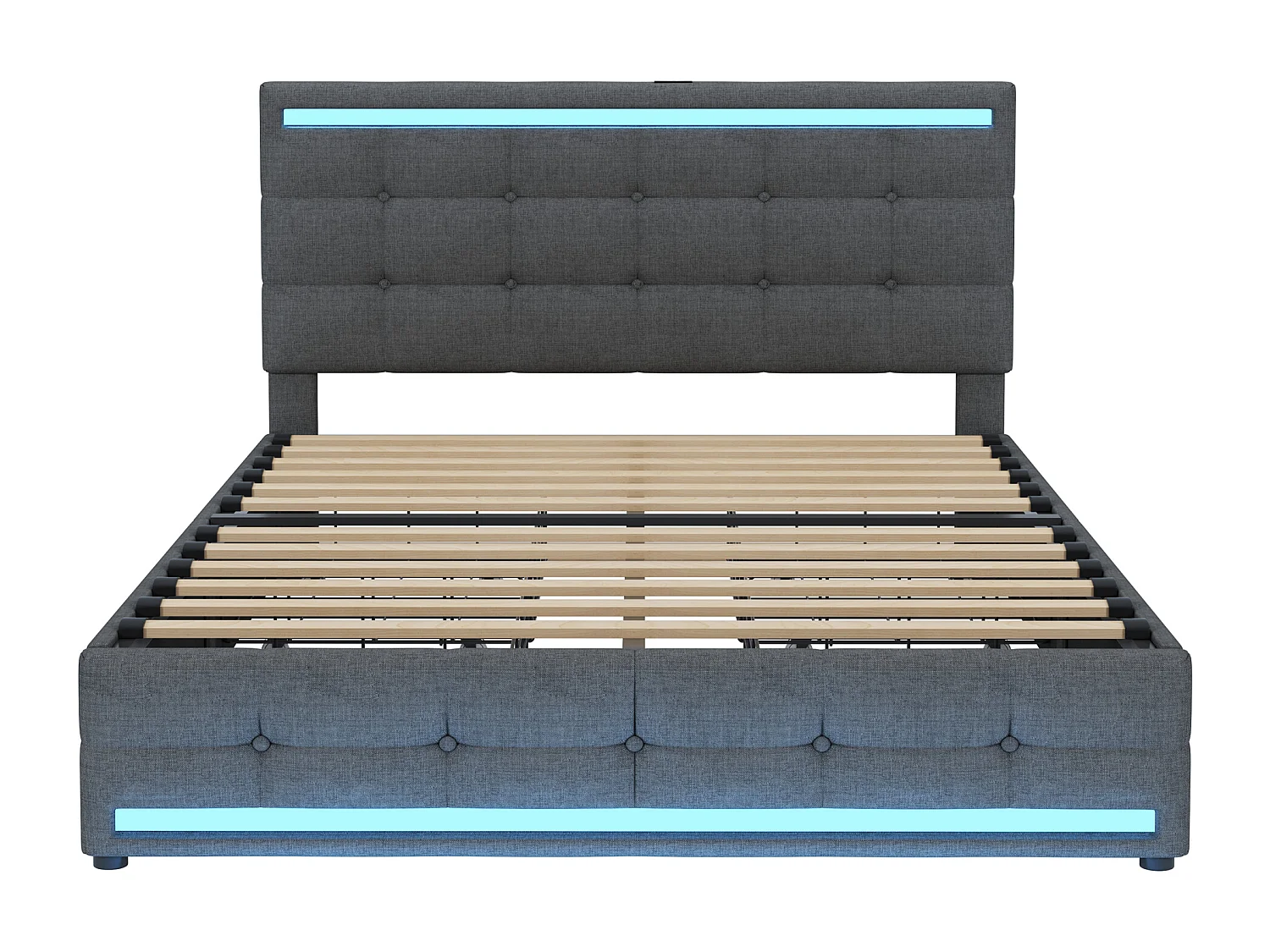 Lit capitonné en lin avec 4 tiroirs + LED et 2 ports USB + sommier à lattes - 140x200cm - lin - gris