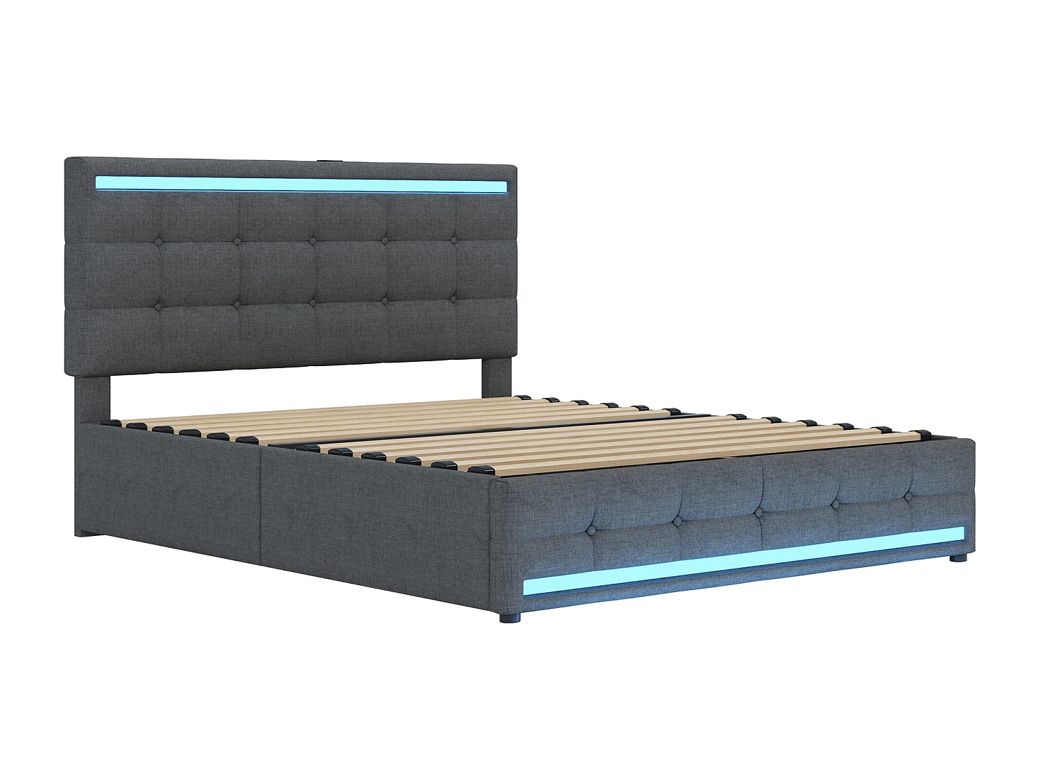 Lit capitonné en lin avec 4 tiroirs + LED et 2 ports USB + sommier à lattes - 140x200cm - lin - gris