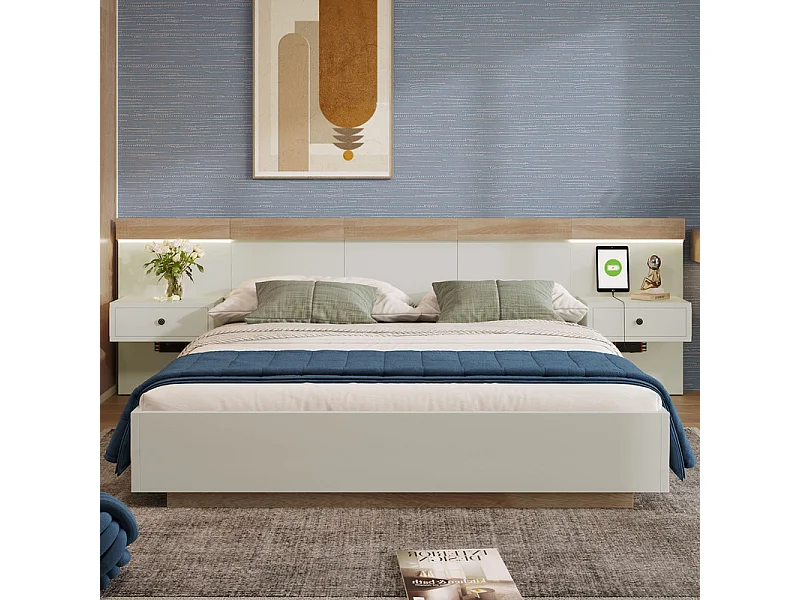 Lit adulte 160x200cm avec chevets suspendus + LED et ports USB + sommier à lattes - bois - blanc
