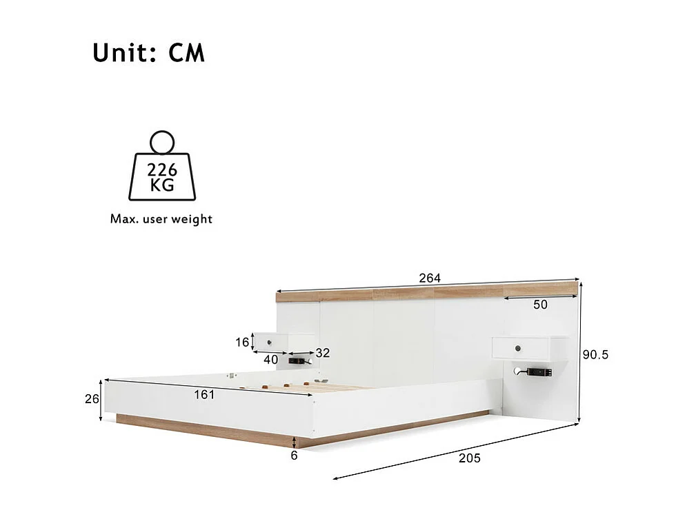 Lit adulte 160x200cm avec chevets suspendus + LED et ports USB + sommier à lattes - bois - blanc
