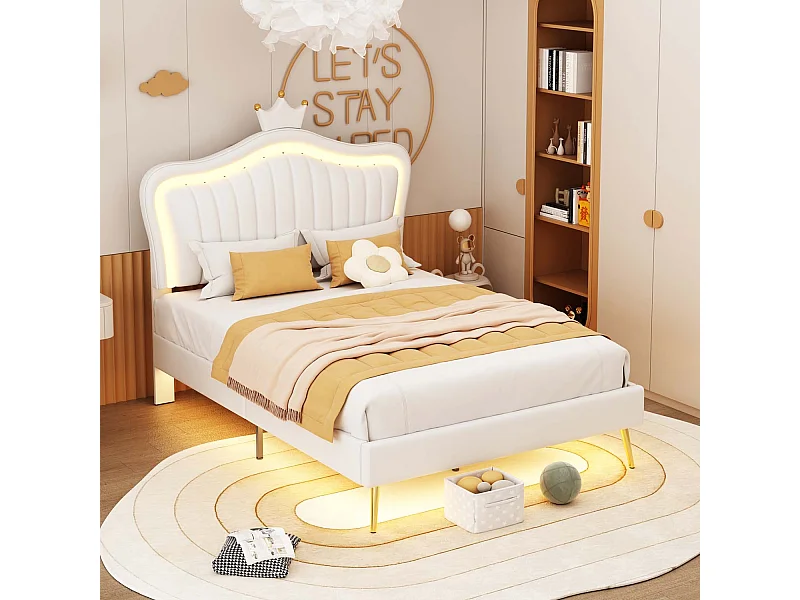 Kinderbed 90x200cm in kunstleer met LED + verstelbaar hoofdbord + lattenbodem - Wit