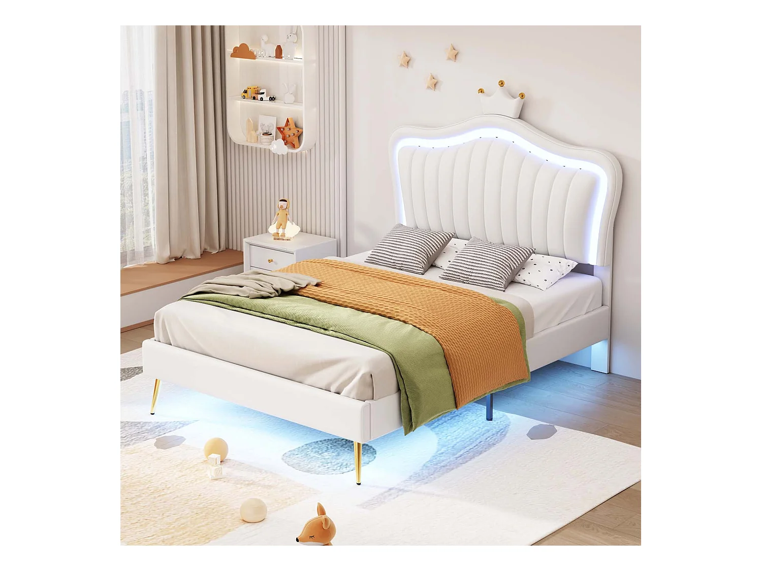 Lit enfant 90x200cm en similicuir avec LED + tête de lit réglable + sommier à lattes - Blanc