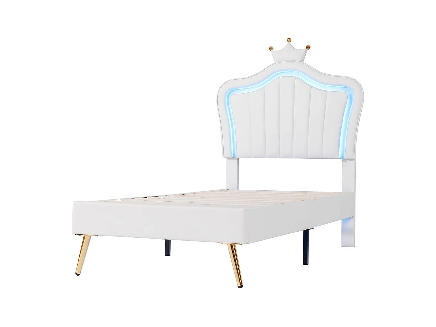 Lit enfant 90x200cm en similicuir avec LED + tête de lit réglable + sommier à lattes - Blanc