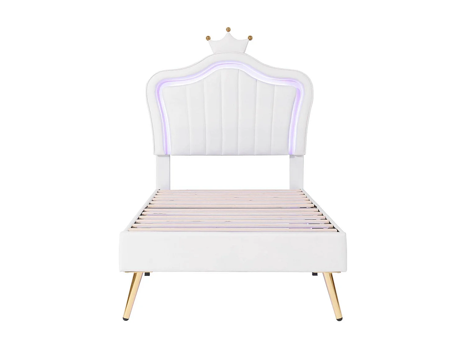 Lit enfant 90x200cm en similicuir avec LED + tête de lit réglable + sommier à lattes - Blanc