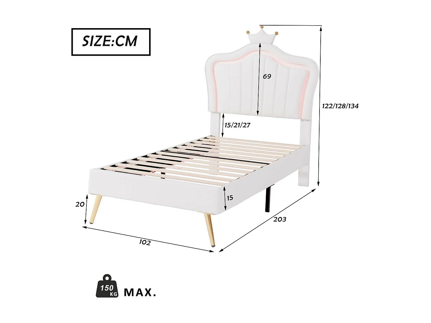 Lit enfant 90x200cm en similicuir avec LED + tête de lit réglable + sommier à lattes - Blanc