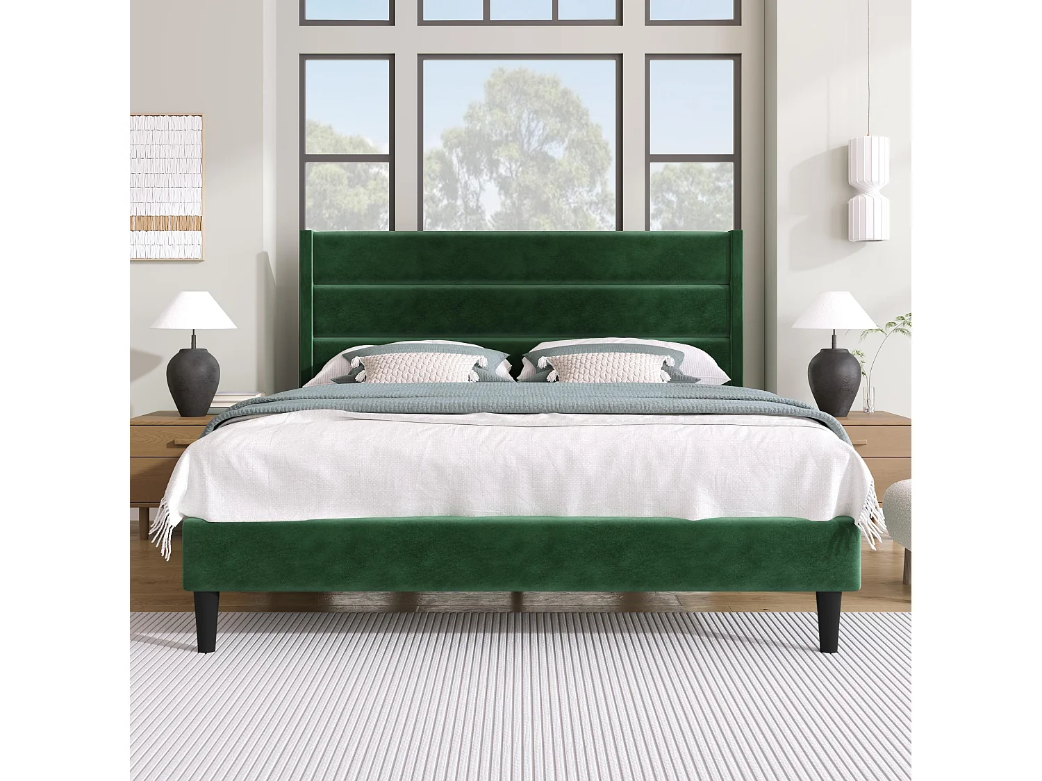 Cama tapizada en terciopelo - 140x200cm - estilo contemporáneo - Verde