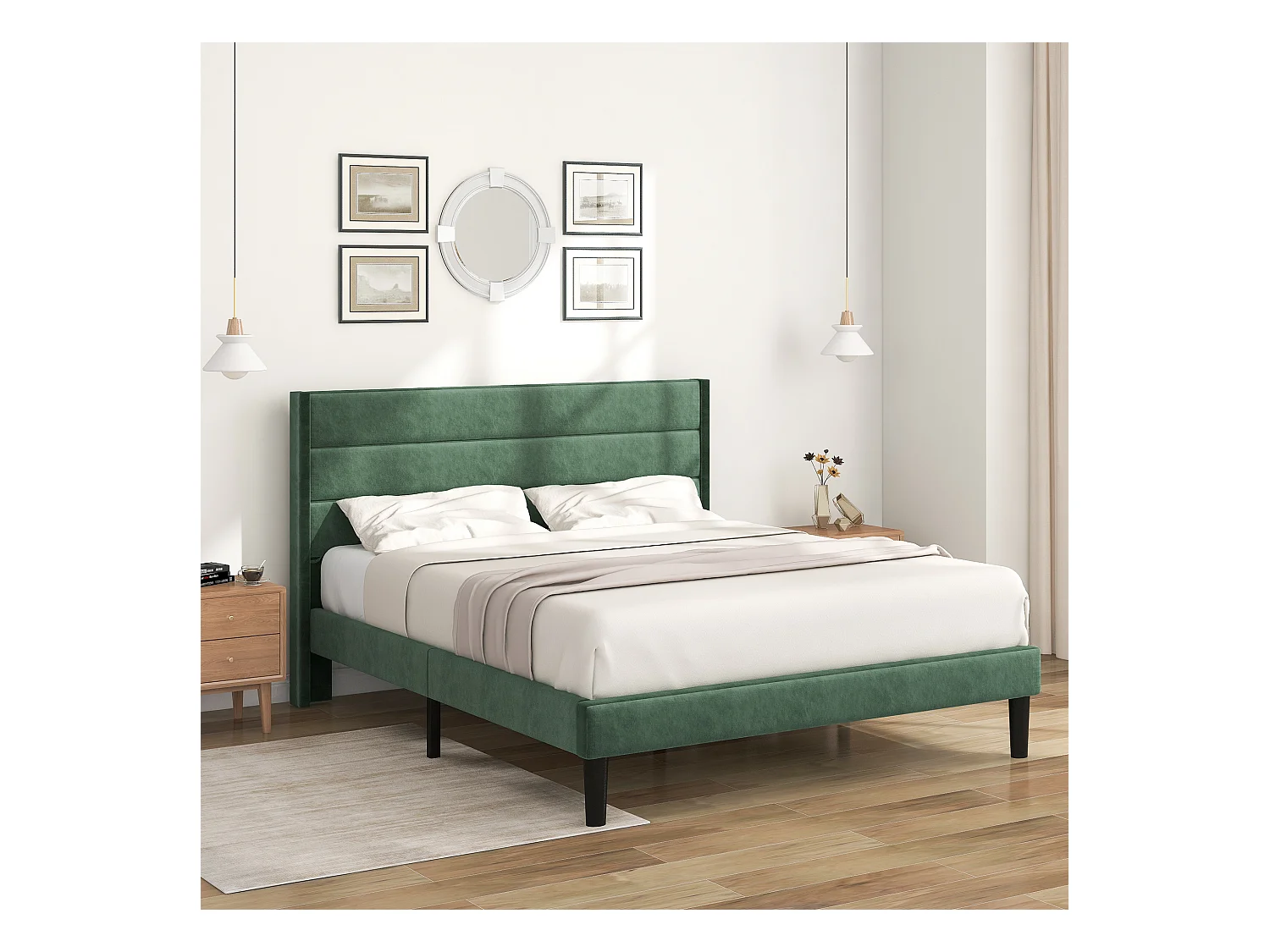 Lit rembourré en velours - 140x200cm - style contemporain - Vert
