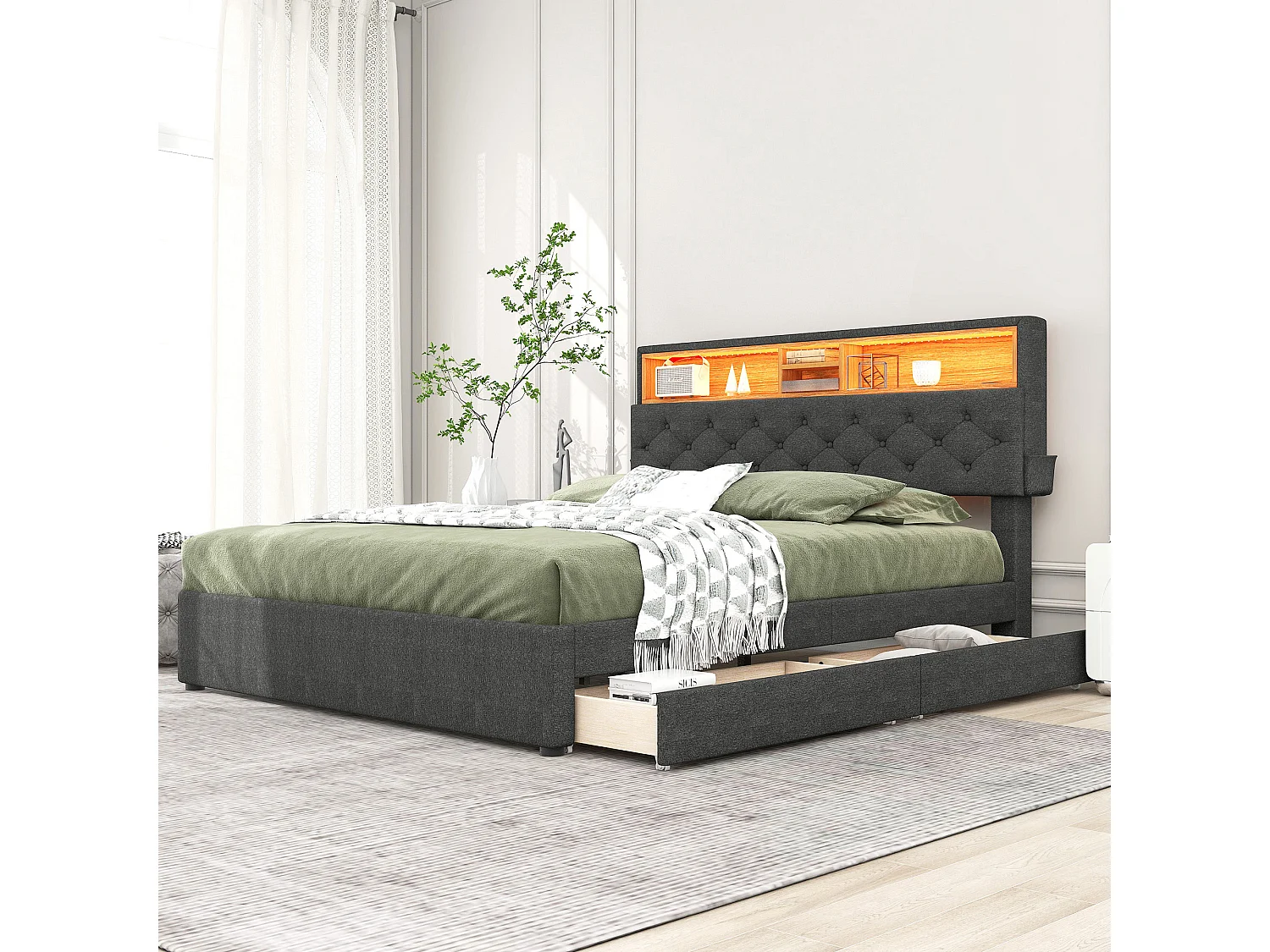 Lit double 140x200cm en lin avec LED、port USb et 2 tiroirs - tête de lit réglable - Gris